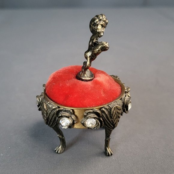 Vintage Mini Angel Cherub Figurine Red Velvet Pin Cushion Metal Footed 2.5” x 2" - Picture 3 of 6